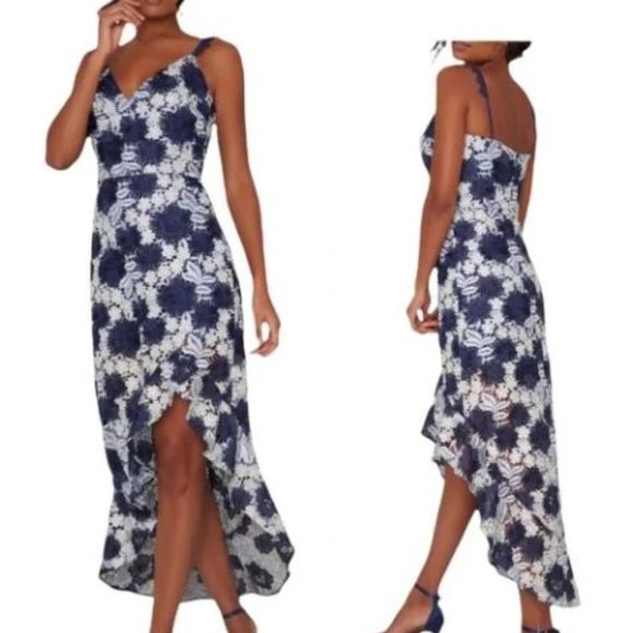 Chi Chi London Dresses & Skirts - Chi Chi London Lucille Floral Embroidered Lace High/Low Gown in Navy Size 6 NWT